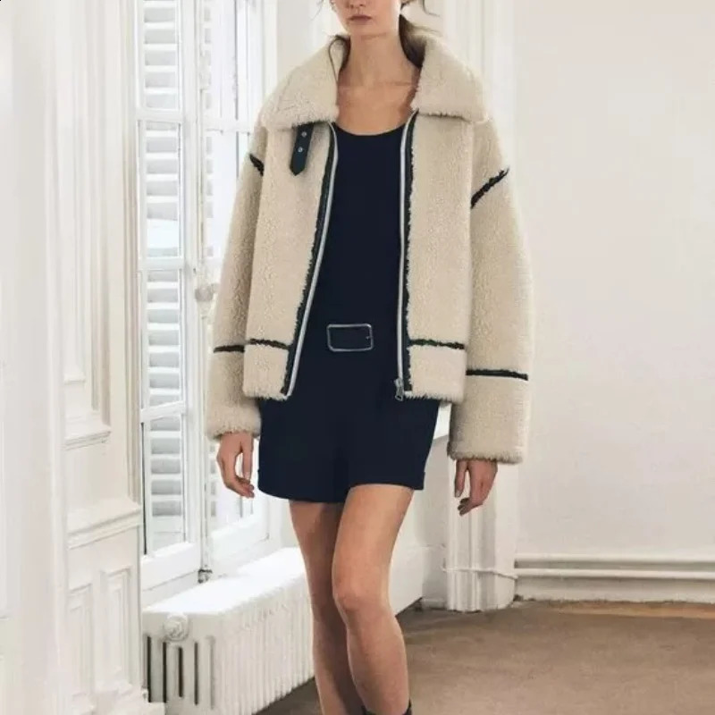 European and American style winter style lapel zipper warm sherpa jacket womens fashion versatile motorcycle jacket 241227