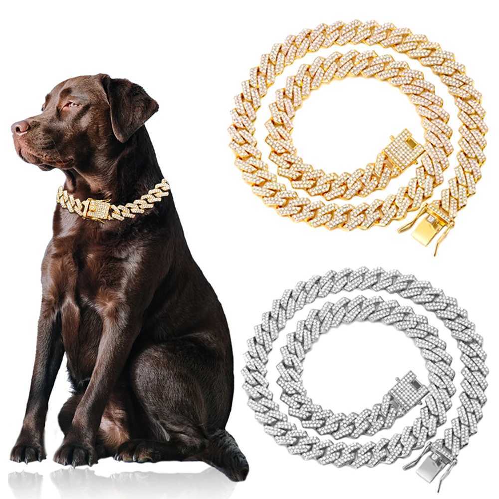 Dog Collars High Quality Dog Collar Chain Diamond Cuban Chain Gold Shining Bulldog Necklace Cat Collar Pet Accessories T250211 H250219