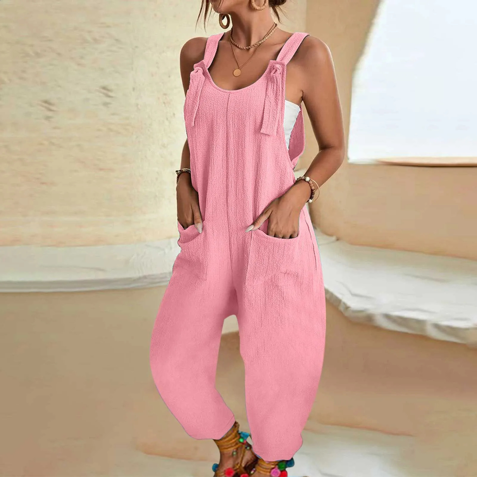Women Tie Shoulder Overall Casual U Neck Sleeveless Jumpsuits Spaghetti Strap Baggy Overalls Harem Pants With Pocket Suites 241224