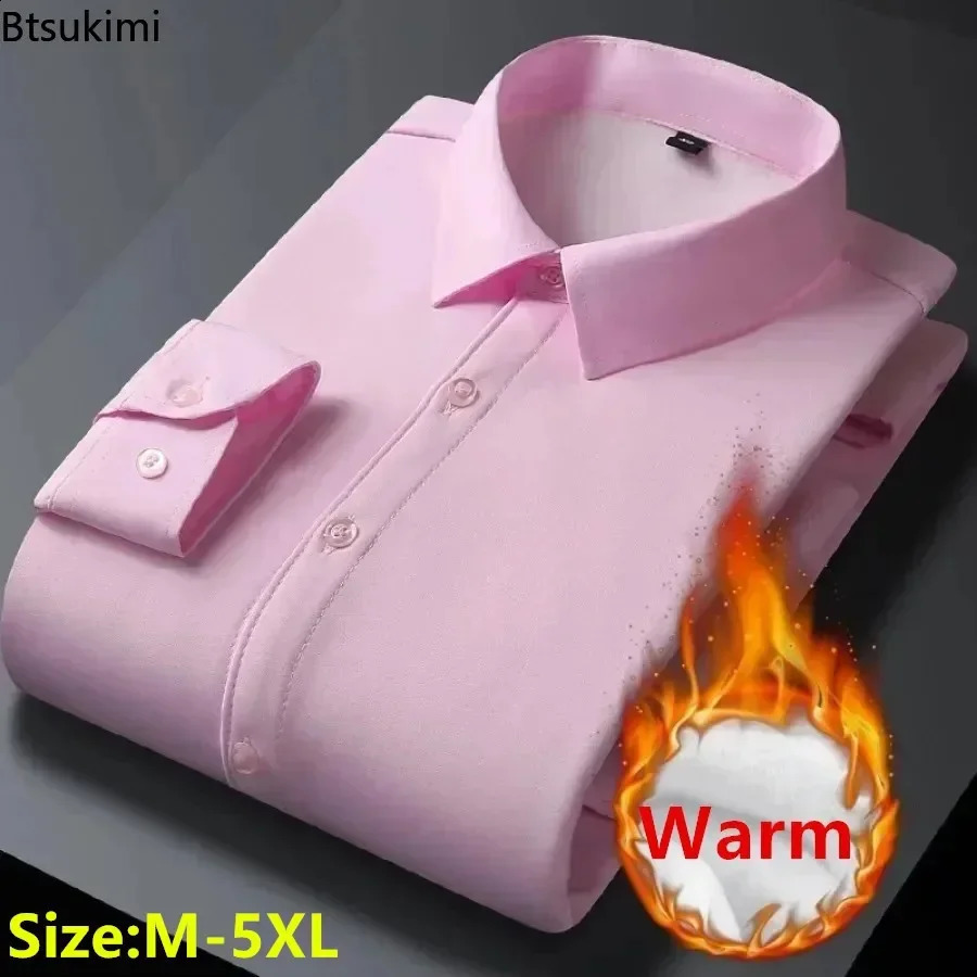 Oversized Mens Classic Business Dress ShirtS 2025 Autumn Winter Fleece Thick Warm Solid Slim Casual Social Shirt Men Blouse 5XL 241223