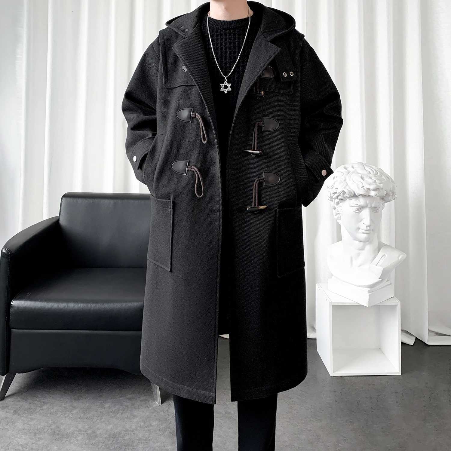 Horn Button Long Windbreaker Solid Color Single Breasted Mens Clothing Loose Oversized Trench Coat Casual Thick Hooded Male Top W241228