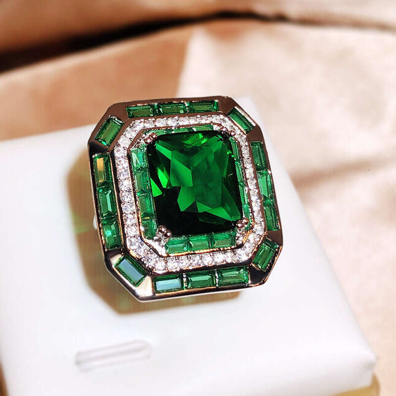 new product simulation emerald tourmaline opening ring, female luxury princess square full diamond ring