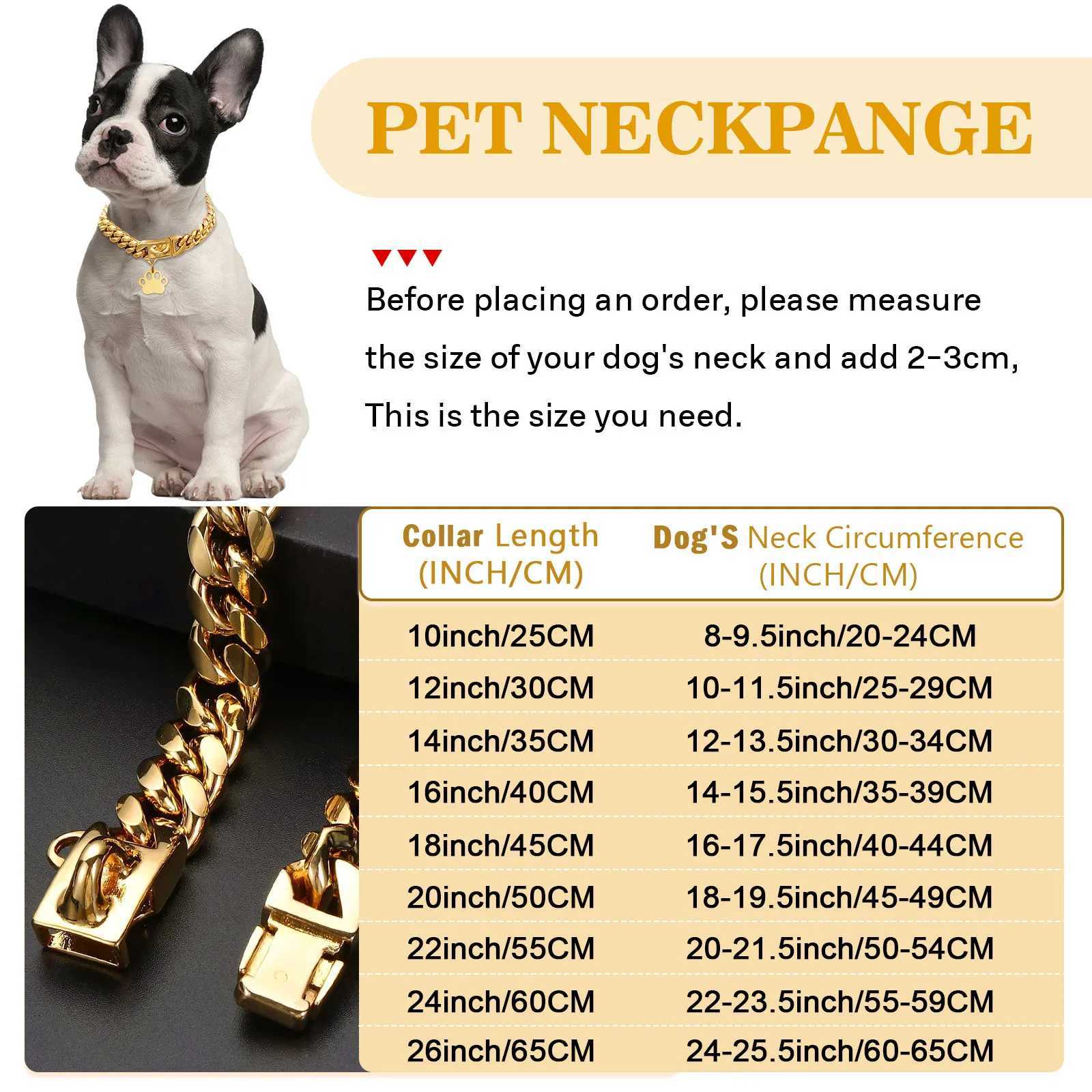 Durable stainless steel dog collar necklace with safety buckle lock gold Cuban chain link pet training collar metal necklace M241228