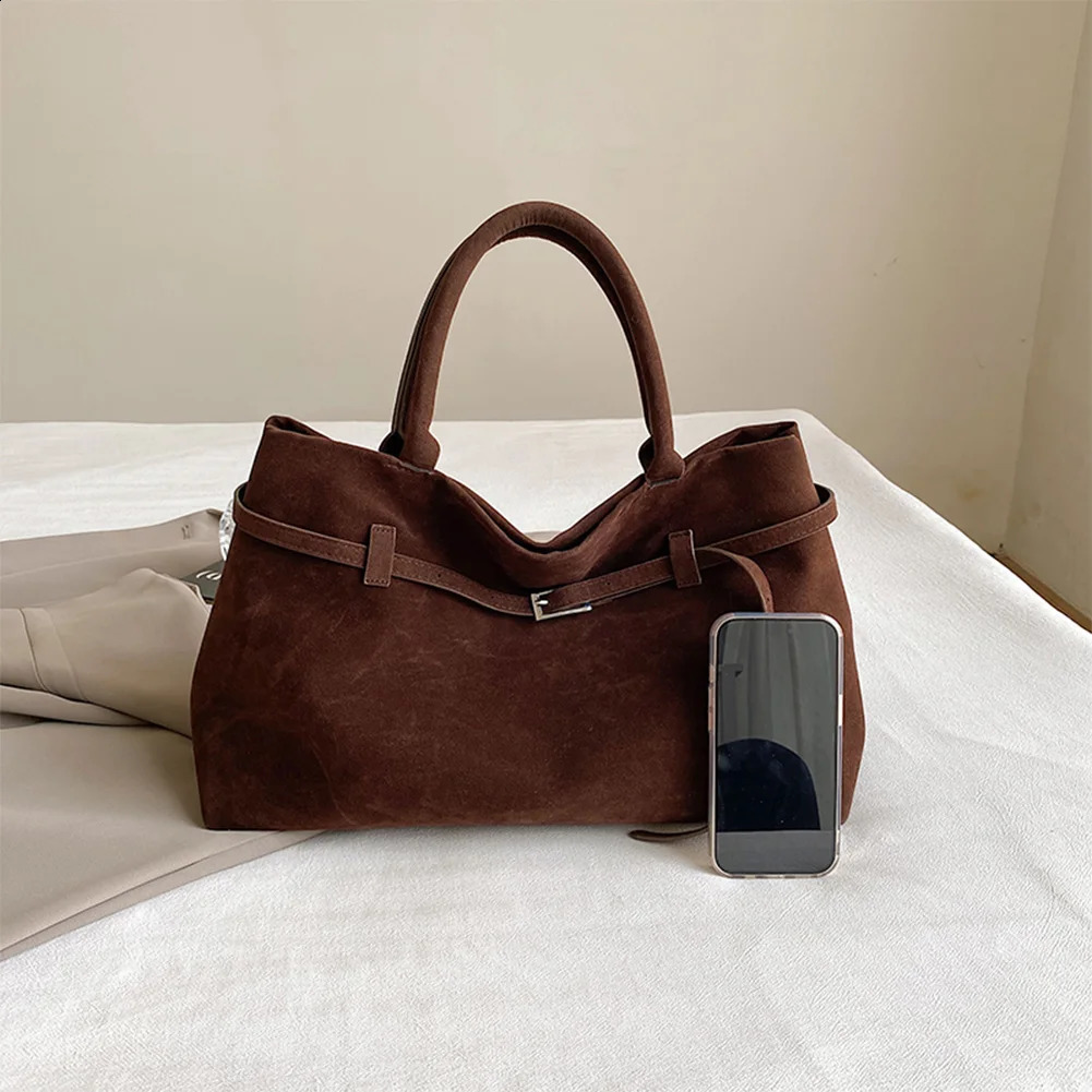 Women Faux Suede Top Handle Bag Large Capacity Tote Bag Solid Shoulder Bag Buckle Decorative for Women Bolsas Femininas 241228