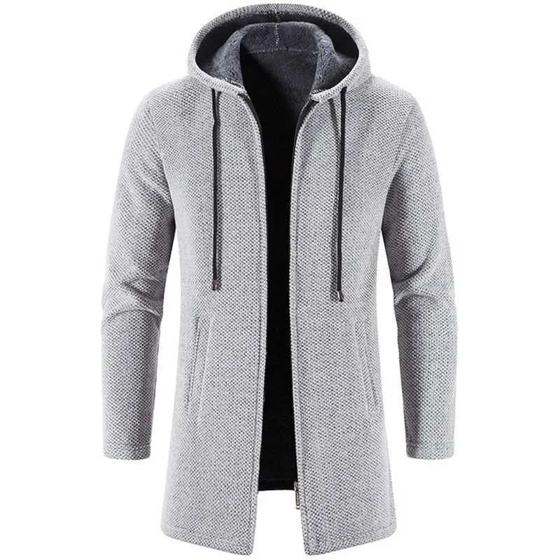 Autumn Winter Mens Fleece Warm Windbreaker Solid Color Casual Loose Hooded Knit Coat Long Sleeve Zipper Pocket Cardigan Coat W241228