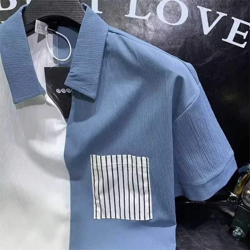 Mens 2024 Summer Pullover shirt Shirts Spliced Stripe Pocket Slim Comfortable Fashion Casual Versatile Short Sleeve T-shirt Top X241228