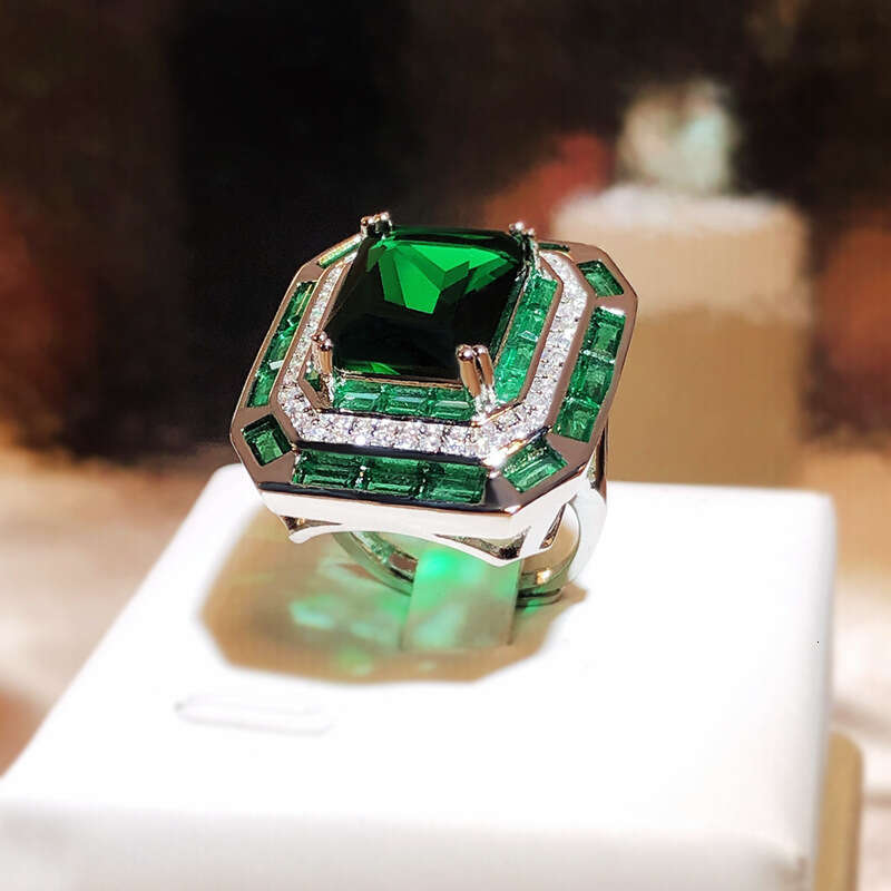 new product simulation emerald tourmaline opening ring, female luxury princess square full diamond ring