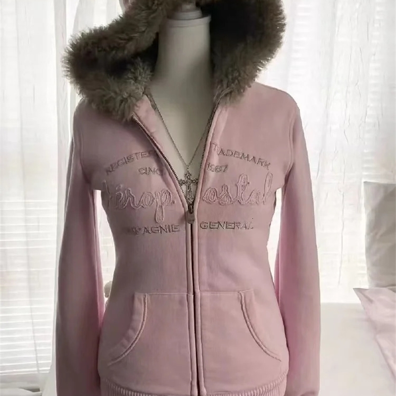 Vintage streetwear Winter fur collar thickened warm hoodie Women zip-up hoodie black lettering comfortable sweatshirt 241227