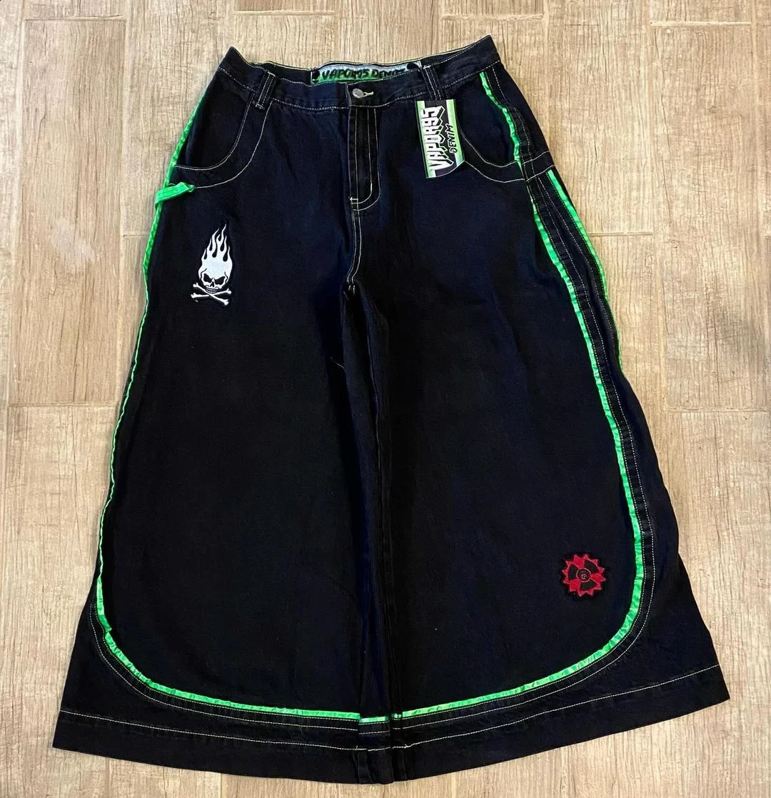 Hiphop high street retro striped skull print washed jeans mens y2k goth grunge trend n waist couple wide leg pants 241228