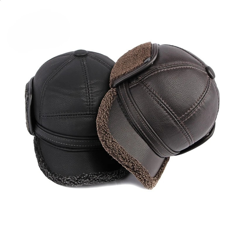 Hat Mens Winter Ear Protection Warm Middle aged Duck Tongue Hat Leather Windproof Cold Resistant Plush Baseball Hat 241227