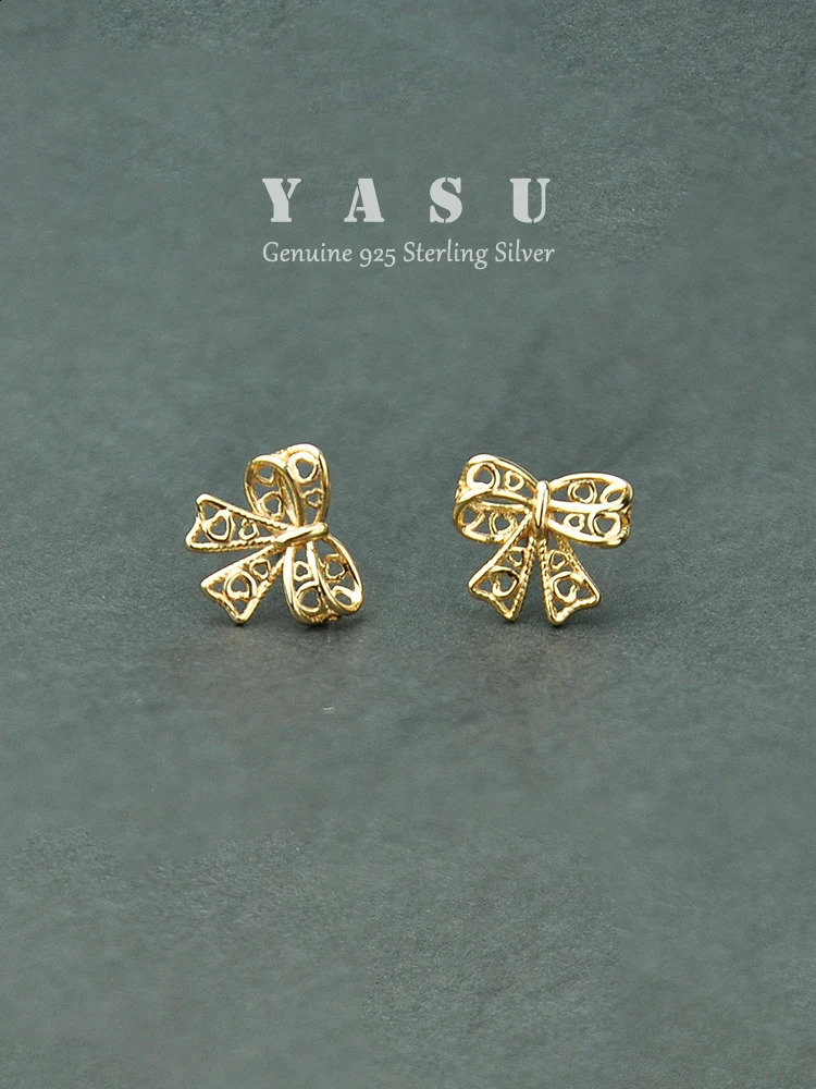 Yasu Genuine 925 Sterling Silver Korean Bowknot Stud Earrings For Women Elegant Hollow Bow Wedding Jewelry Accessories 241226