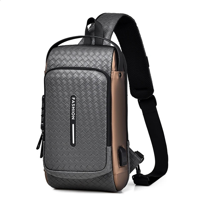 Men Fashion Chest Bag Anti-theft Tape Bag Portable Backpack with USB Charging Port Male PU Shoulder Outdoor Sports Crossbody Bag 241228