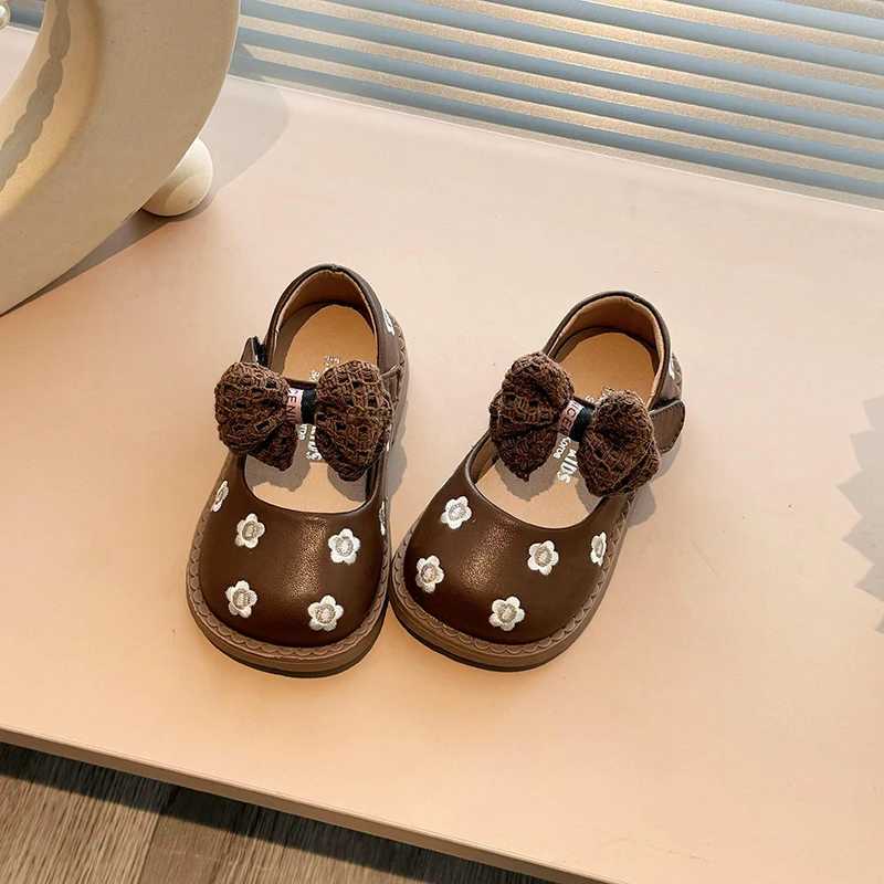 Autumn girl Mary Janes Flloal shallow bow knot classic childrens leather shoes matte Pu leather beige brown childrens flat shoes 21-30 W241228