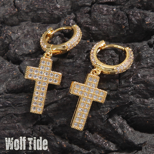 Hip Hop 14k Gold Shiny Cubic Zircon Cross Dangle Huggie Hoop Earrings Fine Quality Full Iced Out Cz Stones Jewelry Accessories Earring Pendientes Cruz
