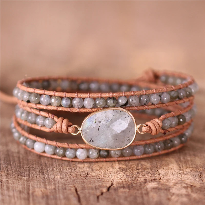 Boho Grey Labradorite Leather Wrap Bracelet Natural Stone Handmade 3 Strands Beads Cord Bracelet Unisex Jewelry Drop 241227
