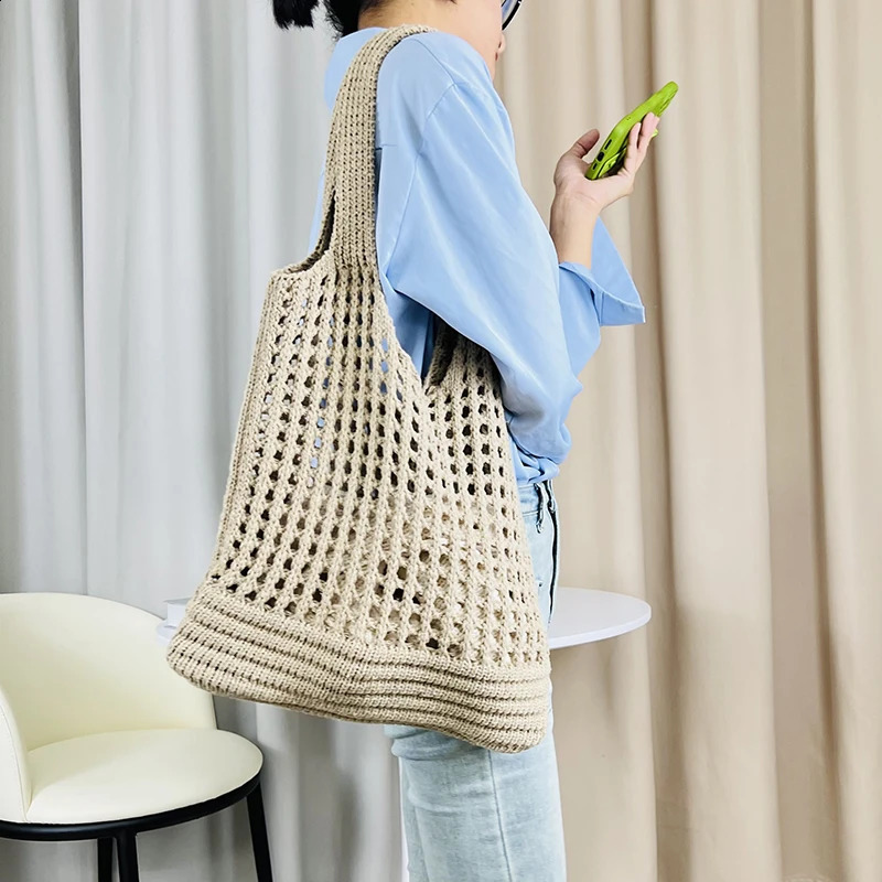 Vintage Hollow n Woven Women Shoulder Bag Knitting Large Capacity Handbags Summer Travel Shopper Tote For Ladies Beach Bags 241227
