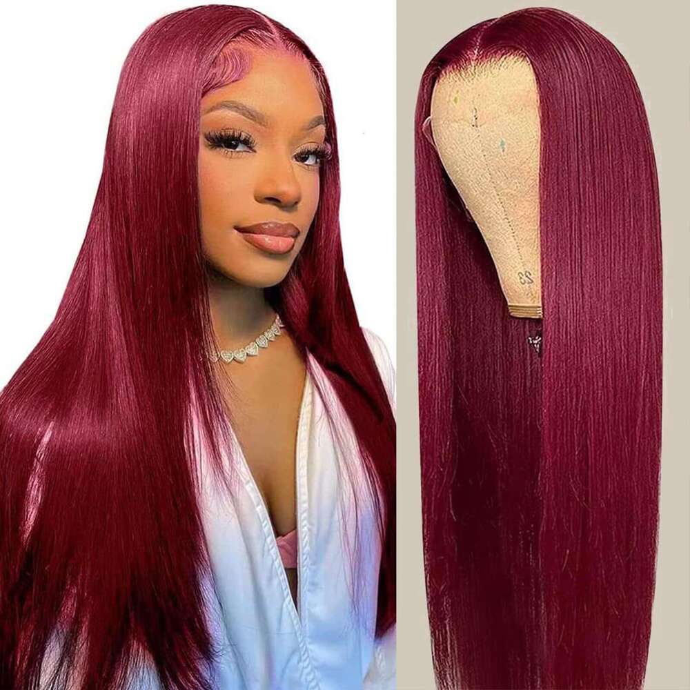Female Long Straight Hair Wig 13 * 4 Large Area Front Wine Red Synthetic Headband Lace Wigs Kq2 Kq2