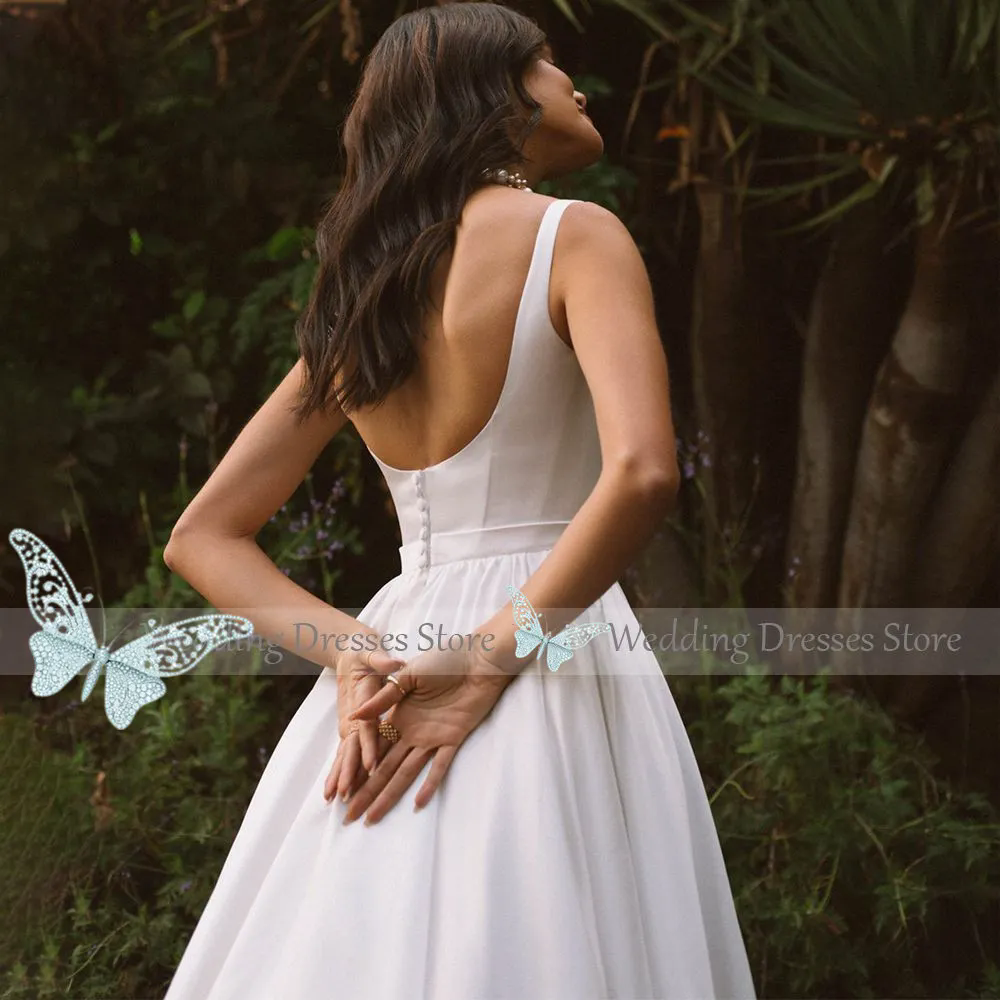 White Pleat A E Wedding Dress Square Vestido De Noiva Satin Appliqued Women V Neck Gown Bridal Party Custom Made Beach Brides Gowns ppliqued s