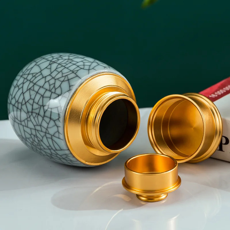 Cremation Memorial Pet Urn Center Size Pet Ashes Ceramic Cracked Glaze Leaves Decorative Ashes Animal Memorial Funeral Coffi 241225