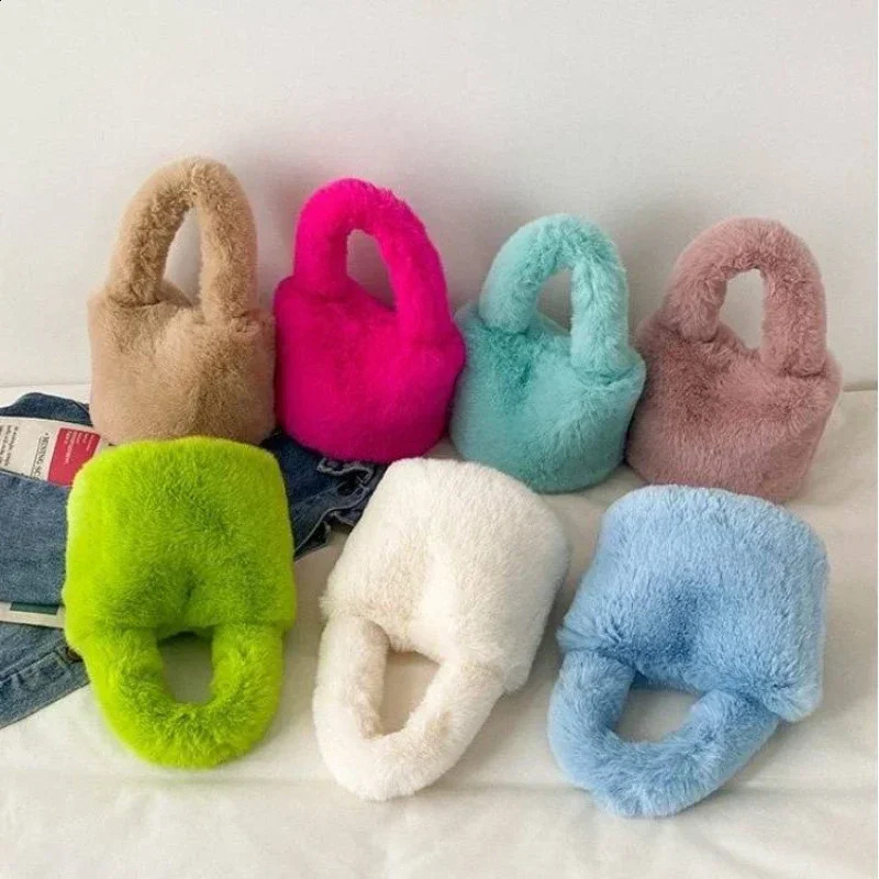 Sweet Candy Solid Color Fur Womens Handbag Simple Soft Plush Ladies Tote Bags Fashion Novel Winter Female Change Purse Bag 241227