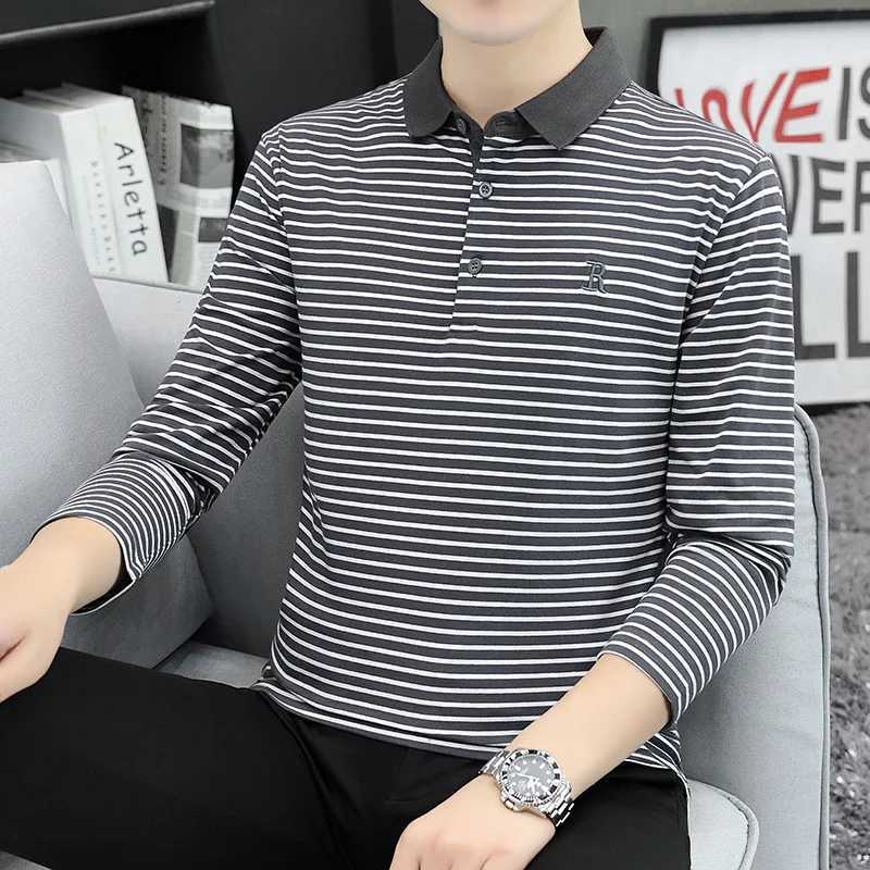 Spring and summer new long sleeved T-shirt shirt shirt mens Korean striped casual top X241228