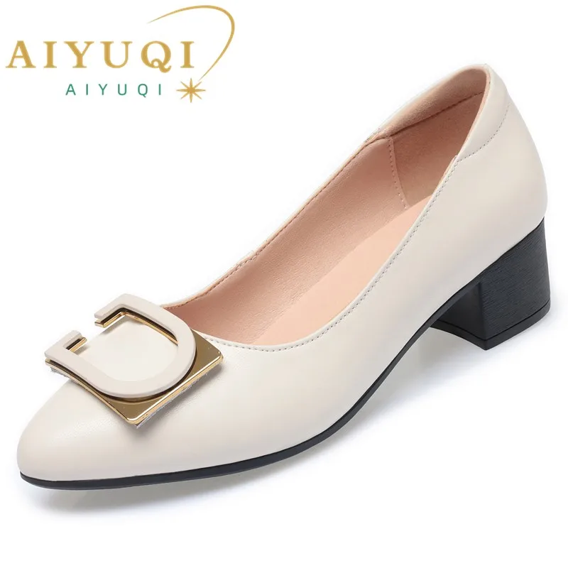 AIYUQI Dress Shoes Women Mid-heel Non-slip Genuine Leather Ladies Shoes Large Size Daily Spring Shoes Women