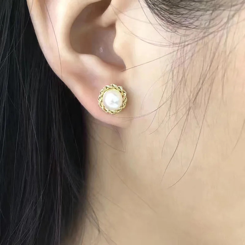 Sinya G18k AU750 Gold Stud Earrings for Women Girls Mother with Natural Pearls Diameter 6-7mm Twist High Quality 241226