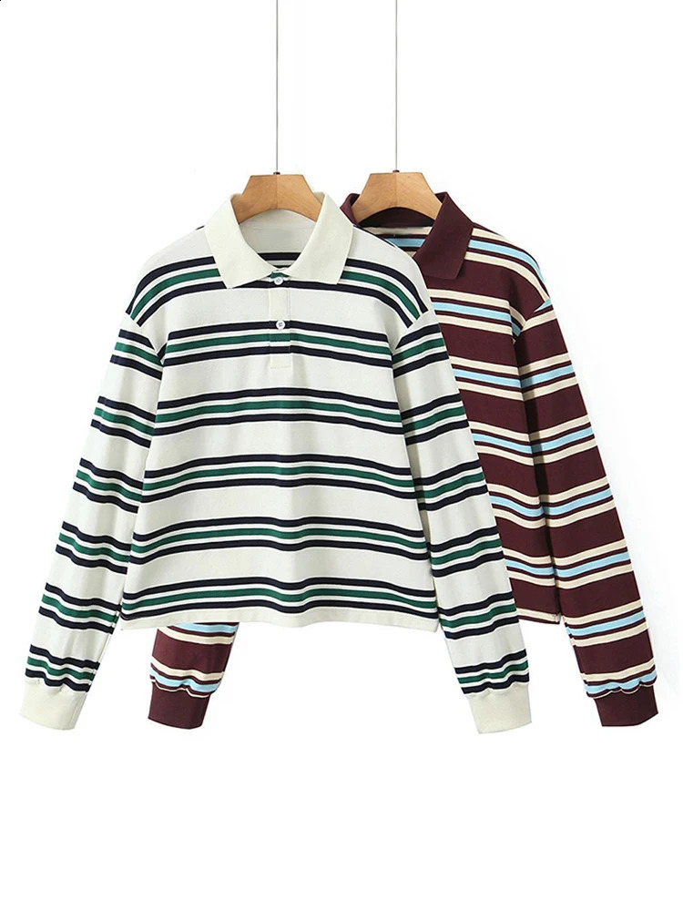 Fashion Stripe Womens T-shirt Casual Long Sleeve Female All Match Polo Shirt Spring Ladies Loose Tops High Street 241228