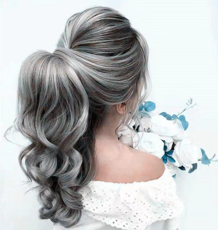 Elegant gray human hair ponytail hairpiece salt and pepper natural grey pony tail hair piece brazillian silver curls extension humain raw curly wraps 