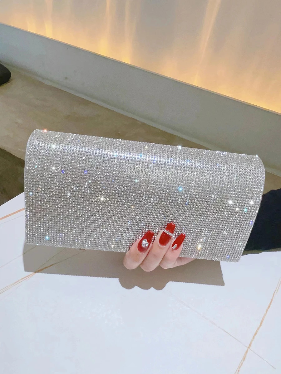 Glitter Clutch Rhinestone Purses For Women Evening Clutches Flap Envelope Handbags Large Wedding Party Prom Silver Crossbody Bag 241227