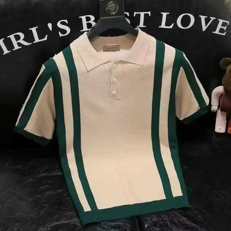 Summer New Fashion Korean Youth Men shirt Shirt Lapel Button Patchwork Stripe Ice Silk Color Matching Slim Short Sleeved Knit Top X241228