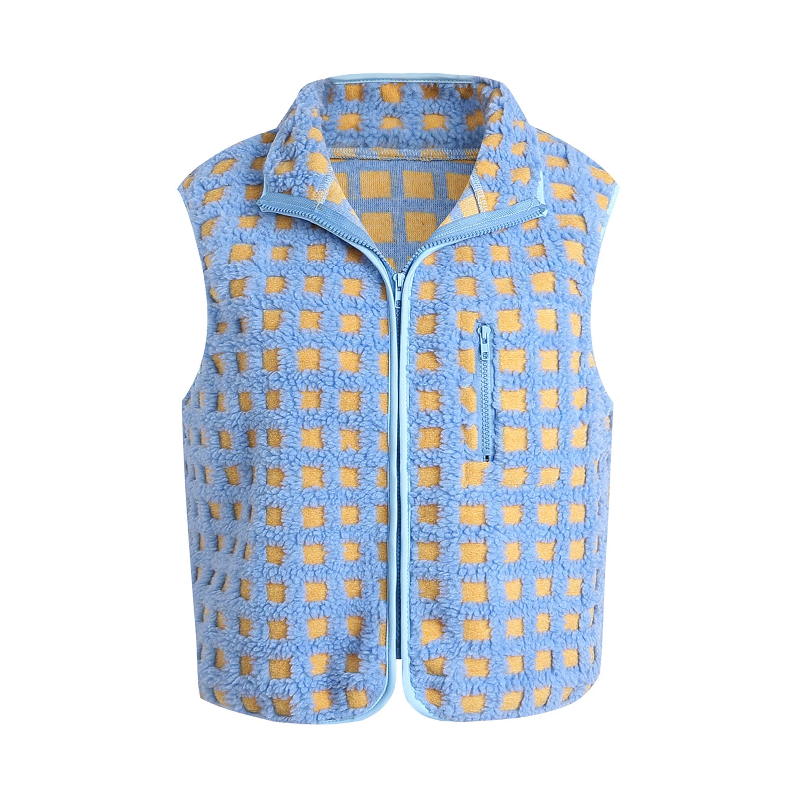 city Womens Sherpa Fleece Vest Checkered Sleeveless Zip Up Warm Cardigan Polar Fleece Vest Jacket with Chest Pocket 241227