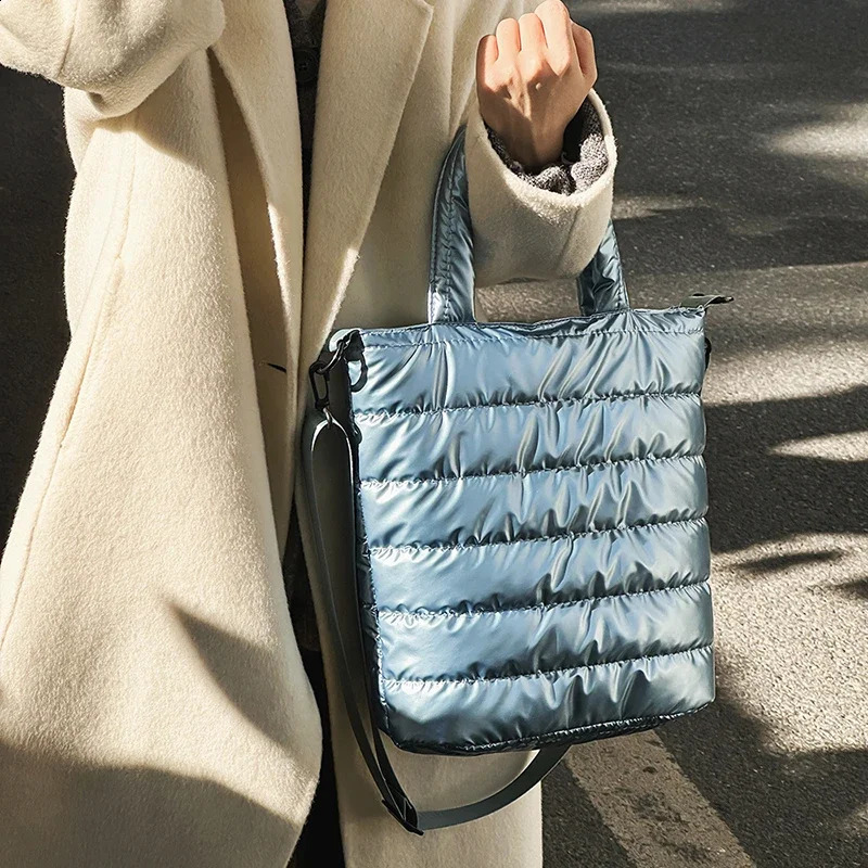 Winter Space Cotton Tote Bag For Women Fashion Casual 2 Set Messenger Bag Silver Puffy Handbag Large Capacity Bag 241227