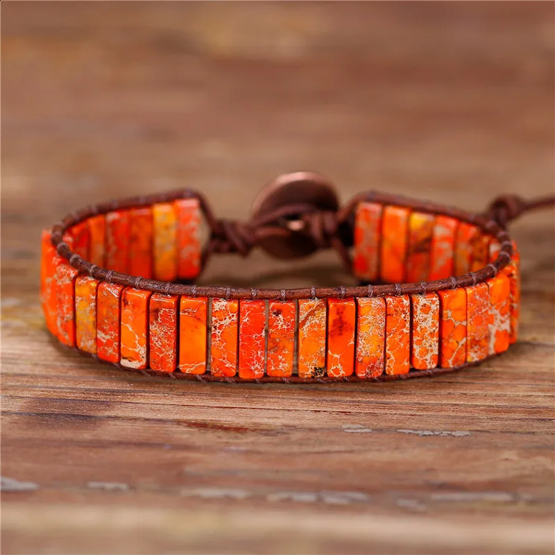 Orange Jaspers Leather Wrap Bracelet Jewelry Natural Stone Tube Bead Cuff Bracelet Unique Bohemian Bracelets Anniversary Gifts 241227