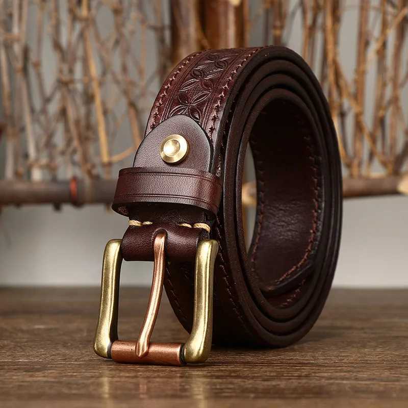 3.3cm grain real denim leather soft denim leather personality lucky totem retro luxury copper buckle mens jeans strap W241228