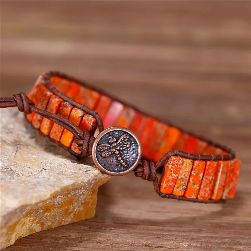 Orange Jaspers Leather Wrap Bracelet Jewelry Natural Stone Tube Bead Cuff Bracelet Unique Bohemian Bracelets Anniversary Gifts 241227