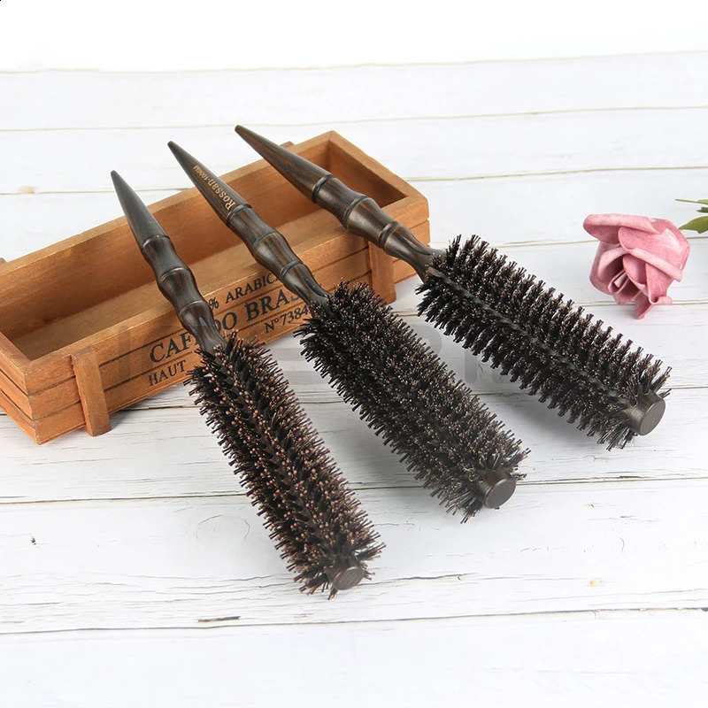 3 Sizes Barber Salon Natural Boar Bristle Comb Wood Handle Sharp Tail Hair Rolling Hairbrush Round Barrel Blowing Hair Comb 1601 250103