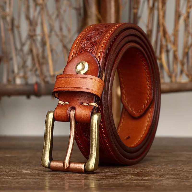 3.3cm grain real denim leather soft denim leather personality lucky totem retro luxury copper buckle mens jeans strap W241228