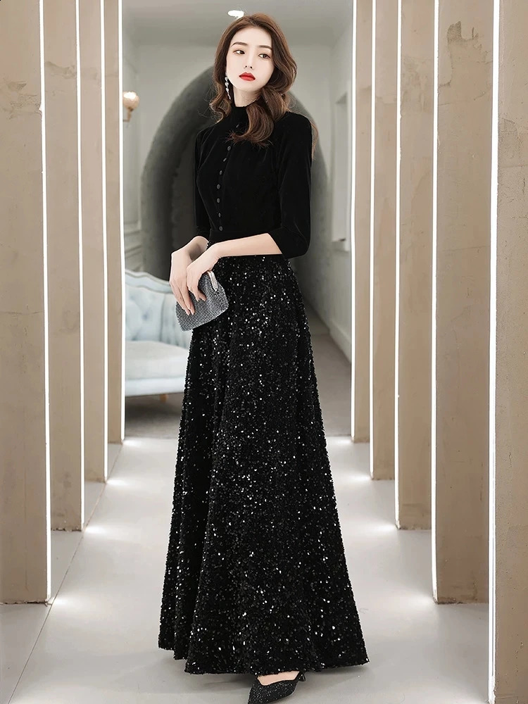 Customized Black Velvet Modest Evening Dresses High Neck Floor-Length Shiny Sequin Women Formal Gowns For Cocktail Party Dress 241223