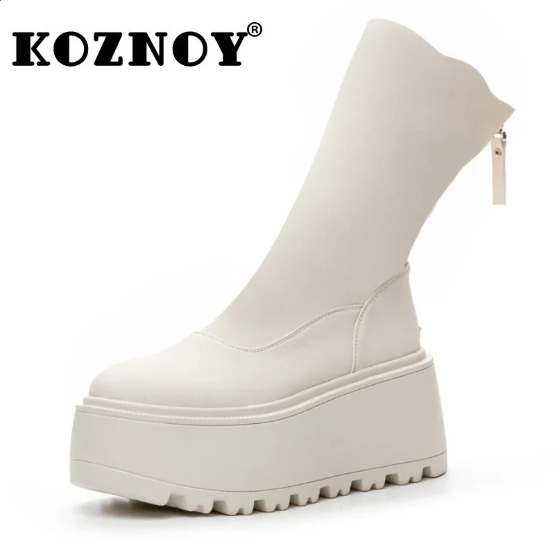 Fujin 8cm Genuine Leather Women High Fashion Pumps Heels White Shoes ZIP Increase Casual Ankle Boots Platform Wedge 241223