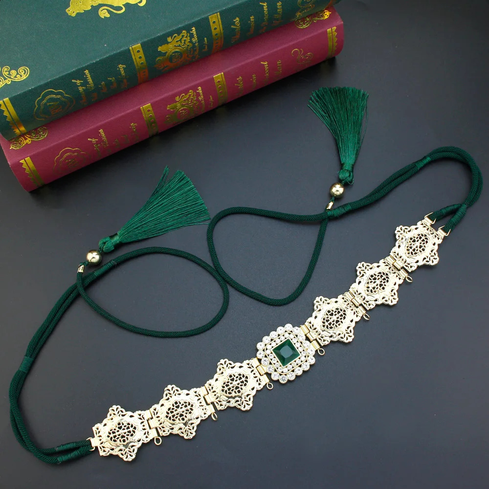 Sunspicems Gold Color Women Tassels Belt Hand Rope Waist Chain Crystal Morocco Bride Dress Belt Arabic Jewelry Thin Metal Sash 241227