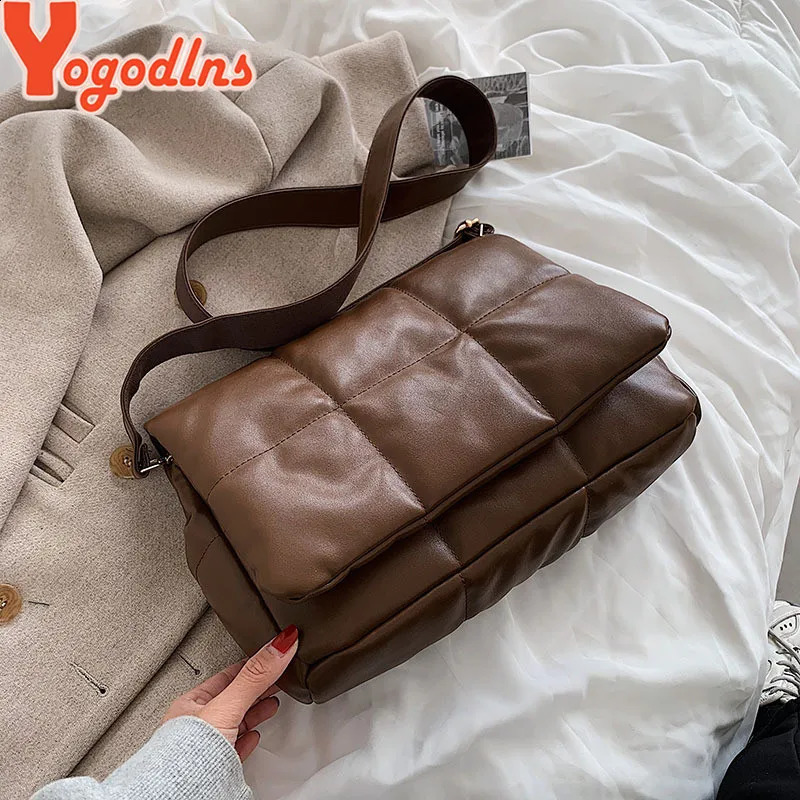 Yogodlns Winter Space Cotton Down Shoulder Bag Female Leather Flap Crossbody Bag Large Capacity Padded Messenger Handbag Bolsa 241227