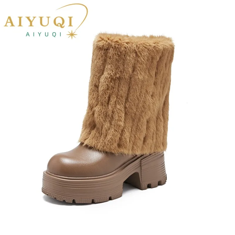 AIYUQI Women's High Heel Boots Wool Platform Women's Middle Boots Genuine Leather Fashion Rider Boots Ladies