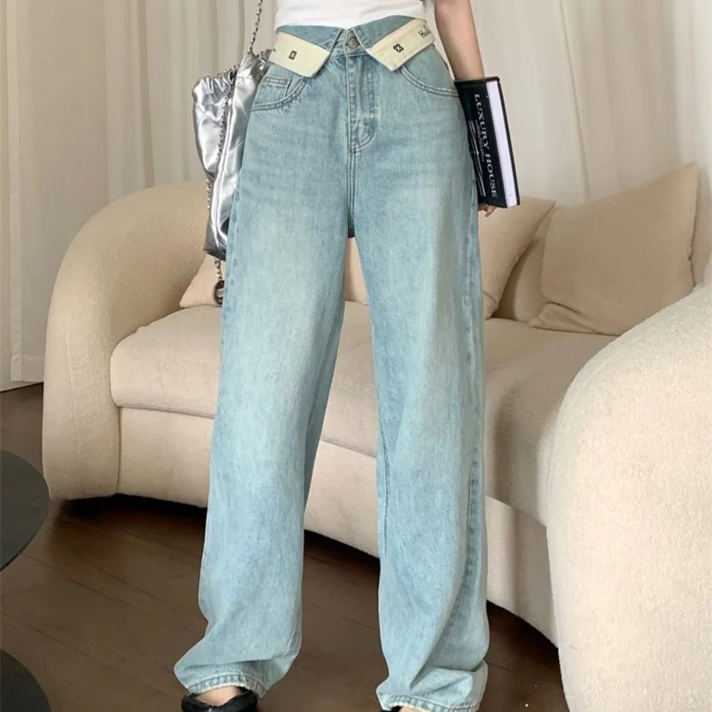 Letter Trousers With Pockets Pants For Woman Blue Straight Leg Women's Jeans High Waist Shot Baggy Grunge Y2k Gyaru Stylish Xxl