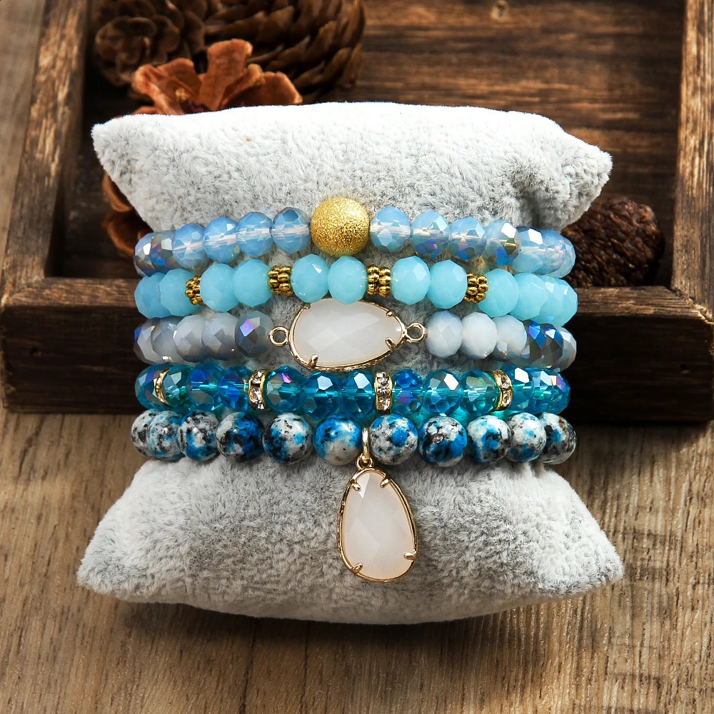 Simple Bohemian Women Jewelry 8mm Natural Stone Shining Glass Handmade Beaded Elastic Bracelet 5pcs Stacked Bracelet Set 241227