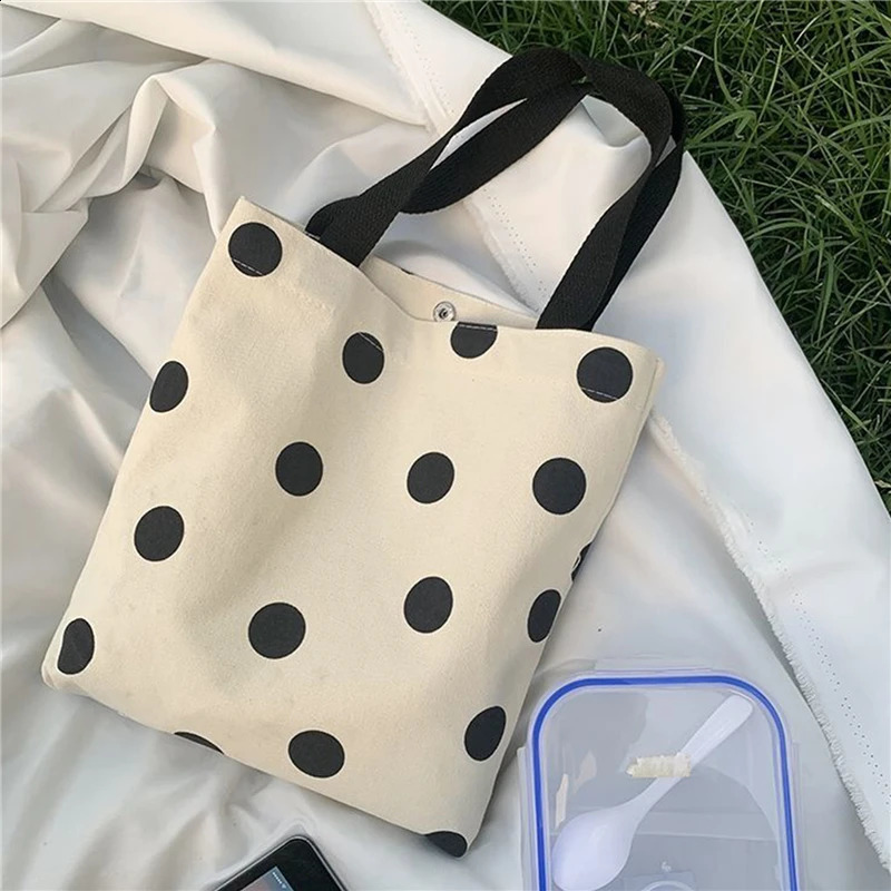 Fashion Harajuku Solid Color Canvas Small Shopper Bag Womens Ulzzang Black Large Capacity Polka Dots Shoulder 241227