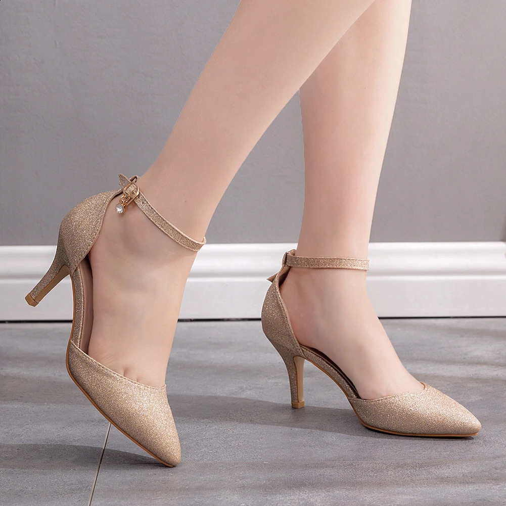 Women Sandals Gold Pointed Toe Buckle Strap Colorful 7CM High Heels Champagne Pumps Sexy Ladies Party Shoes 241228