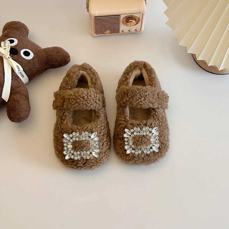 Luxury Crystal Square Buckle Lambswool Ballet Flats Toddler Kids Soft Teddy Fur Mary Janes Baby Girls Brand Design Fluffy Shoes W241228