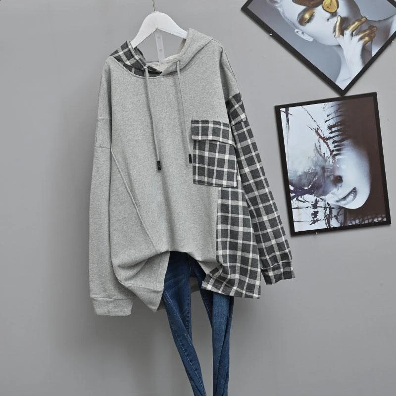 Women Plaid Patchwork Fashion Oversized Streetwear Cotton Hoodies Autumn Casual Long Sleeve Pullovers Female Hooded Sweatshirt 241223