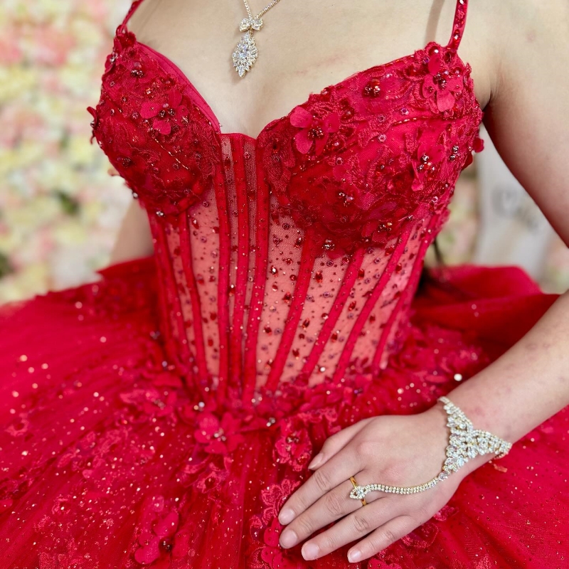 Red Quinceanera Dresses Ball Gown Spaghetti Strap Applique Bow Beads Tull Corset Party Birthday Sweet 16 Vestido De 15 Anos